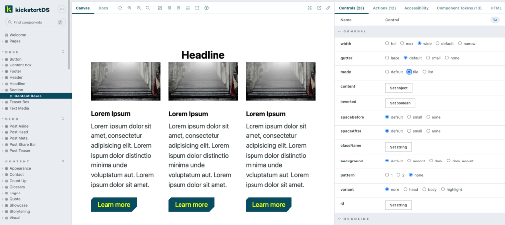 Screenshot from kickstartDS Storybook showing Content boxes using Container Queries 